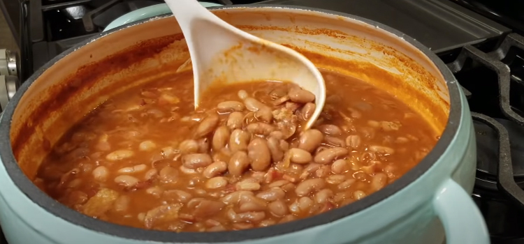 ranch style beans on a white caserole