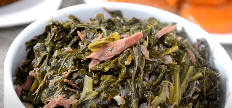 Southern Style Collard Greens on a white bowl