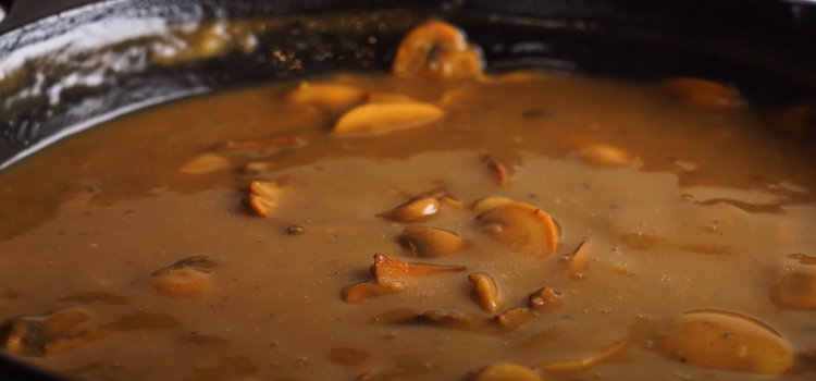 mushroom gravy in a pan