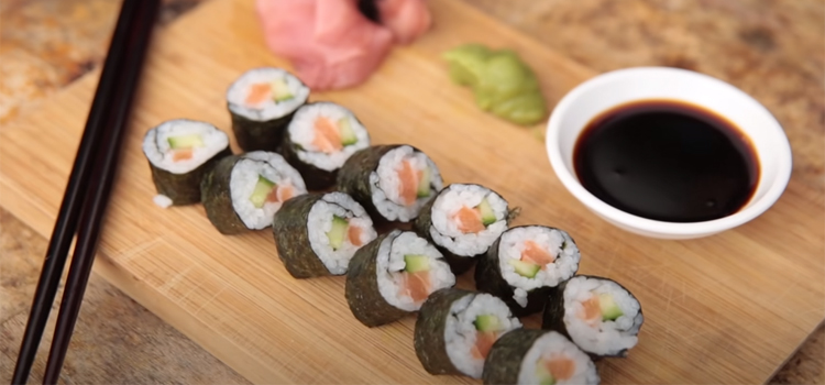 Simple Salmon Sushi  in wooden board