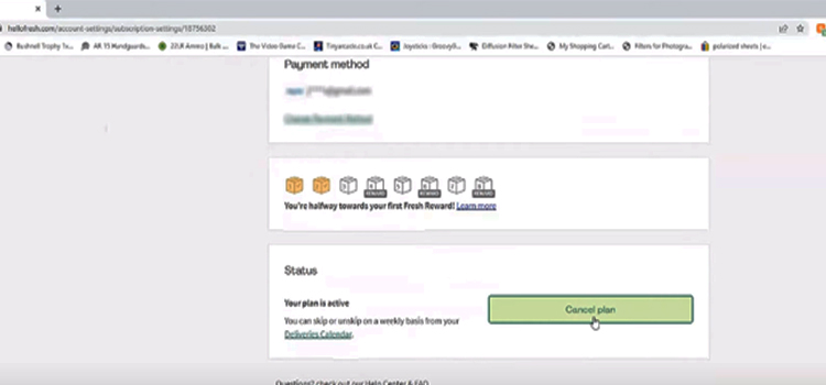 website of HelloFresh for canceling subscription