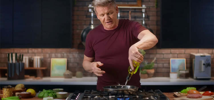 Chef Gordon Ramsay Pouring Oil on a Pan