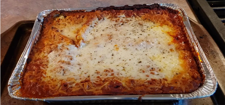 Costco Kirkland Signature Beef Lasagna in an aluminum foil pan