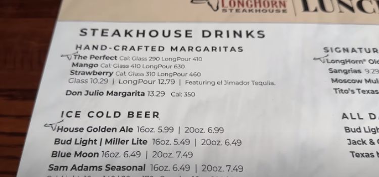 Longhorn Steakhouse menu