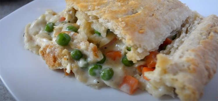 sliced of chicken pot pie on a plate