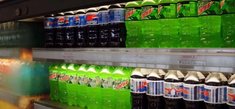 soda bottles on a shelves