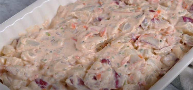 Baked Potato Salad on a Glass Pan