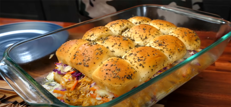 Buffalo Chicken Sliders on a Glass Pan