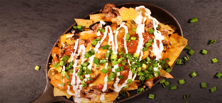 Top view shot of a Carnitas Nachos