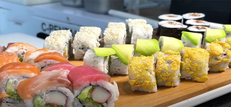 Sushi Roll on a Wooden Board